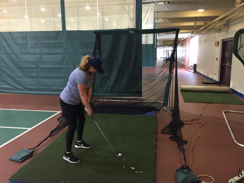 Quinnipiac womens golf using state of the art technology to practice indoors